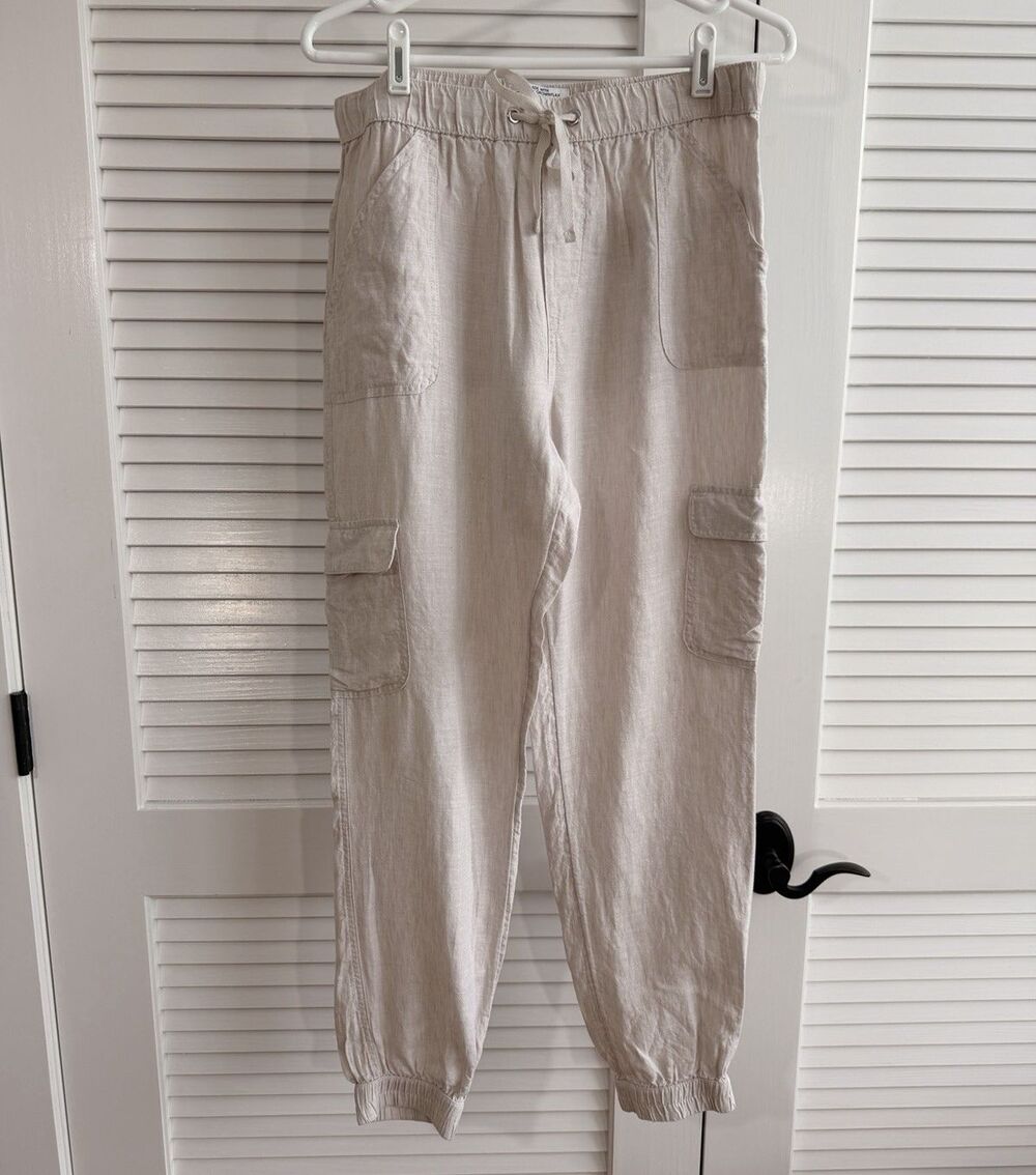 Nicole Miller New York Linen Cargo Jogger Pants Womens L Oatmeal Drawstring